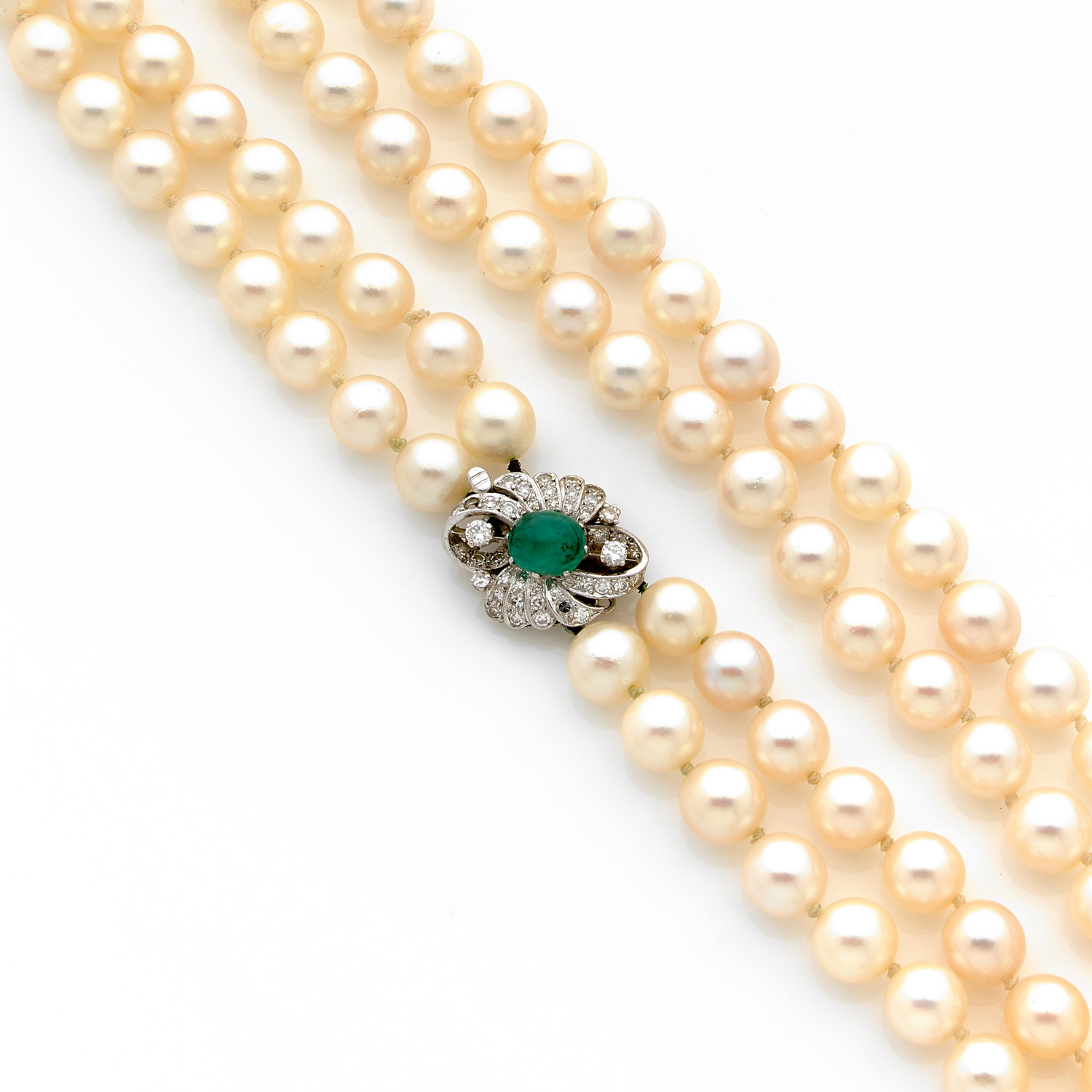 Lot - Double Strand Pearl Necklace with Platinum, Emerald, and Diamond Clasp